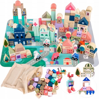 mamido Pastelová sada kostky Městečko + puzzle podložka 115 ks ZA5373