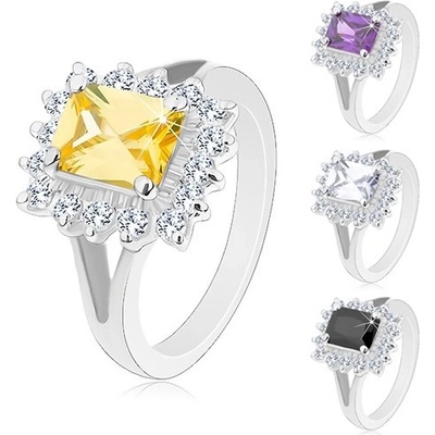 Šperky eshop lesklý prsten se stříbrným odstínem velký hranol broušené zirkony G05.18 Fialová