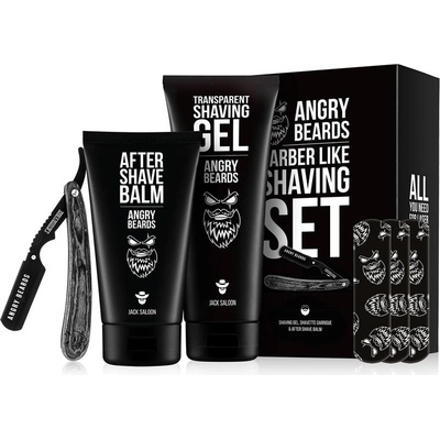 Angry Beards Garrigue Transparent Shaving Gel Jack Saloon gel na holení 250 ml + Garrigue shavetta na holení + Derby Premium náhradní žiletky 5 ks + Jack Saloon balzám po holení 150 ml dárková sada