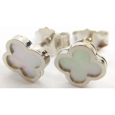 Klenoty Budín Dámské zlaté náušnice z bílého zlata s bílou perletí čtyřlístek HK2317