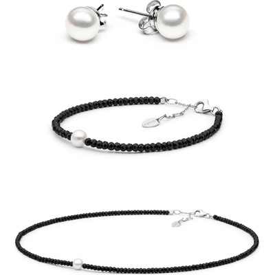 ANNA PERLY Trendy set v kombinaci černého spinelu, pravých bílých perel a stříbra