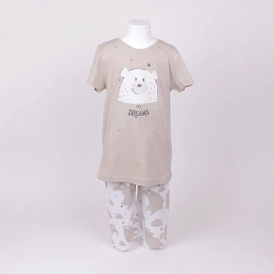 Детска памучна пижама в бежово и бяло с мечета
