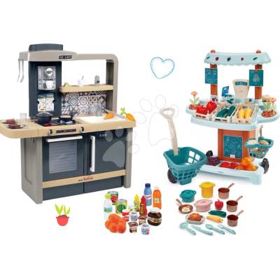 Smoby Set kuchyňka elektronická s nastavitelnou výškou Tefal Evolutive New Kitchen a zeleninový Bio stánek s nádobím a potravinami