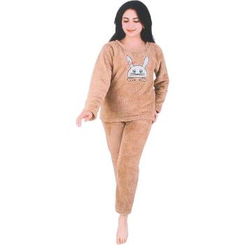 Дамска пухкава пижама в цвят капучино с щампа зайче