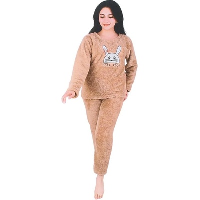 Дамска пухкава пижама в цвят капучино с щампа зайче