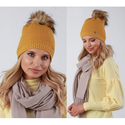 Fashionweek dámská zimní čepice s bambulí flísová podšívka ZIZI34/V14 Hořčičný