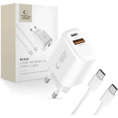Tech-Protect NCA20 мрежово зарядно с 2 порта PD 20W / QC3.0 + Type-C кабел бял (5906302330553)