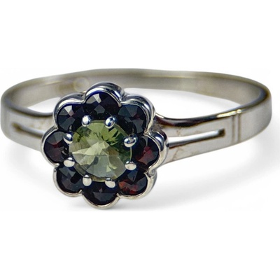 Moldau prsten s granáty a vltavínem stříbro P44512