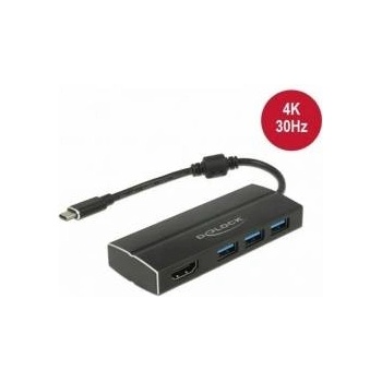 Delock Адаптер DeLock, USB 3.1/USB Type-C/3xUSB 3.0 Type-A Hub/1x HDMI, черен