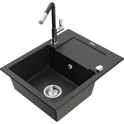 Mexen Enzo мивка от гранит с 1 отделение с отцедник и кухненски смесител Flora, черен/златен металик - 6506-75-670401-07 (6506-75-670401-07)