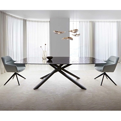 DELIFE Edge oválný 240 x 120 sklo s reliéfem kouřově černé 3D design křížová podnož obdélník černá