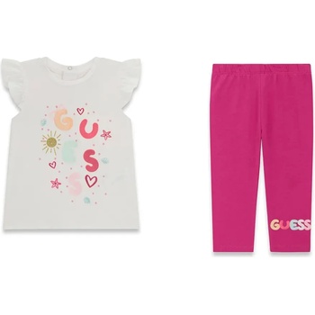 Guess Бяла тениска с цветен надпис Guess и цикламен клин за бебе момиче