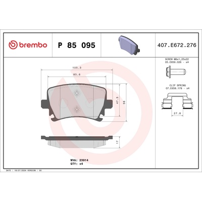 Sada brzdových destiček, vždy 4 kusy v sadě BREMBO P 85 095 (P85095)