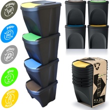 botle Sada 4 odpadkových košov Systém na triedenie odpadu - Sada odpadkových košov 4x25 l v čiernej farbe na stohovanie Kompaktné modulárne a ľahké Jednoduché triedenie odpadu z domácnosti Plast