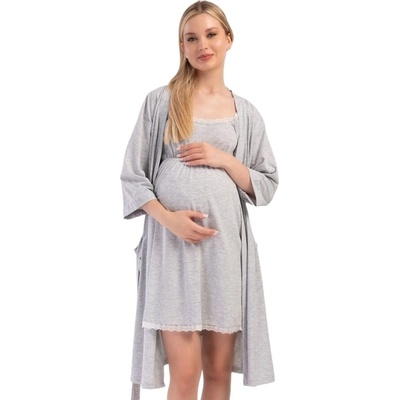 Комплект от халат и нощница за бременни в сив меланж