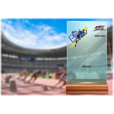 Skleněná trofej na dřevěném podstavci Běh Výška: 17 cm