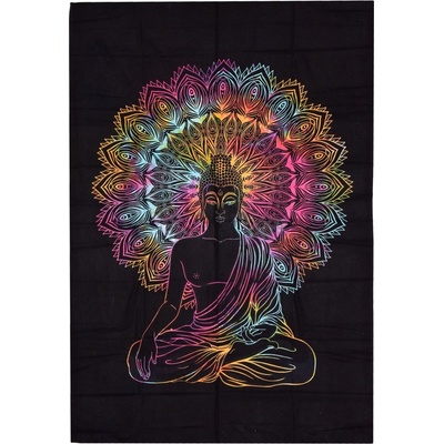 Sanu Babu přehoz na postel s tiskem buddhy černý a batikovaný podklad 130 x 210 cm