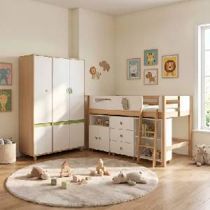 Ginger Home Комплект Мебели за Детска Стая GINGER HOME DINO с Комбинирано Легло 90x200 см, Гардероб, Шкафове, Скрин, Етажерка и Подматрачна Рамка, Бяло, Зелено и Натурално Дърво (SR-D)