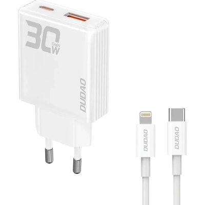 Dudao Зарядно с кабел Dudao A30EUL, 30W, USB-A / USB-C, GaN, USB-C / Lightning, бяло (A30EUL)