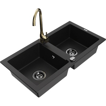Mexen Mario мивка гранитна 2-камерна с кухненски смесител Telma, черен - 6504-77-670200-50-B (6504-77-670200-50-B)