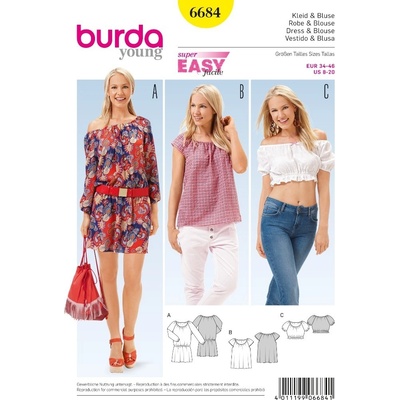 Střih Burda číslo 6684 jednoduché letní šaty, halenka Carmen