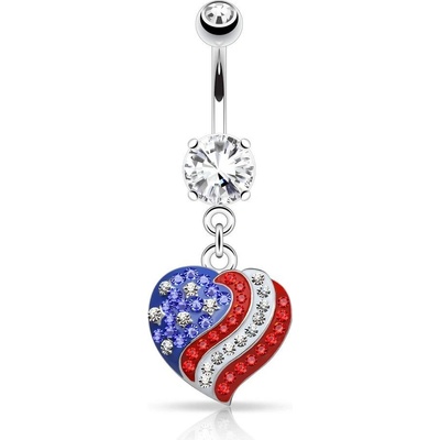 Šperky eshop piercing do pupíku z oceli zirkonové srdce s motivem americké vlajky AB30.18