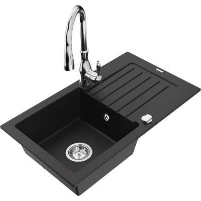 Mexen Pablo гранитна мивка с една камера с отцедник и кухненски кран Savita, черен - 6510-77-672601-00 (6510-77-672601-00)