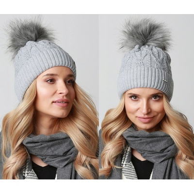 Fashionweek dámská čepice s kožešinovou bambulí a'la Jenot! + flísová podšívka ZIZI-V20 šedý