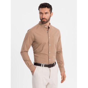 Ombre Clothing Мъжка памучна риза с права яка и джоб REGULAR FIT - светло кафяво Ombre Clothing | Kafyav | МЪЖЕ | S
