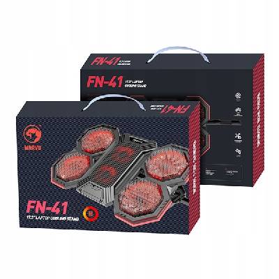 Stojan pod notebook, FN-41, podsvietený, s vetrákom, čierno-červený, Marvo, s 2-portovým hubom
