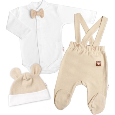 Baby Nellys Bavlnená súprava Gentleman body polodupačky s lakom a čiapočka béžová/biela