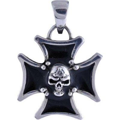 Vorlové Šperky Stříbrný přívěsek maltézský kříž s lebkou a zirkonem PR734