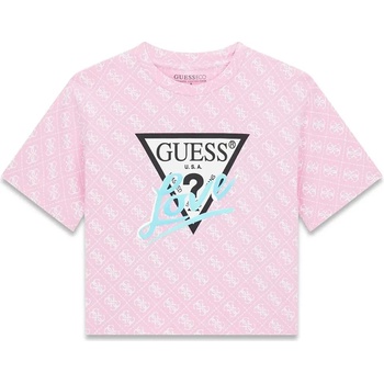 GUESS Розова тениска с бели лога за момиче и с лого Guess Love