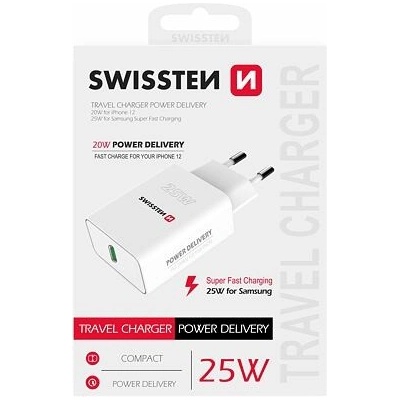 SWISSTEN síťový adaptér pro iPhone a Samsung, USB-C, PD, 25W, biela