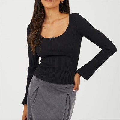 Brave Soul Дамска фланелка с дълъг ръкав Brave Soul BS Womens Long Sleeve Scoop Neck Top with Bow Detail. - Black