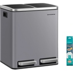 SONGMICS kitchen trash can, 2 x 15 liters, trash separation system 2 compartments, including 15 trash bags, trash can, pedal bin, recyclable waste, organic waste, soft close lid, matt gray LTB030G01 (LTB030G01