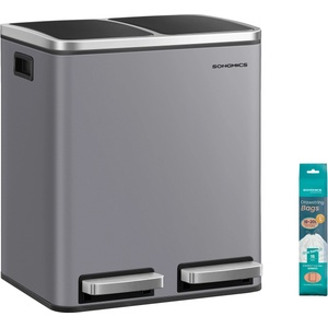 SONGMICS kitchen trash can, 2 x 15 liters, trash separation system 2 compartments, including 15 trash bags, trash can, pedal bin, recyclable waste, organic waste, soft close lid, matt gray LTB030G01 (LTB030G01