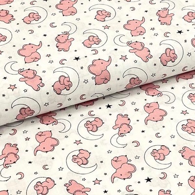 Bavlněné plátno P0691 bílé, růžová slůňata, š.140