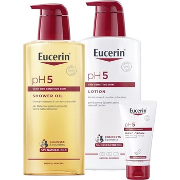 Eucerin pH5 Комплект - Душ олио, Лосион и Крем за ръце, 2 х 400 + 75 ml