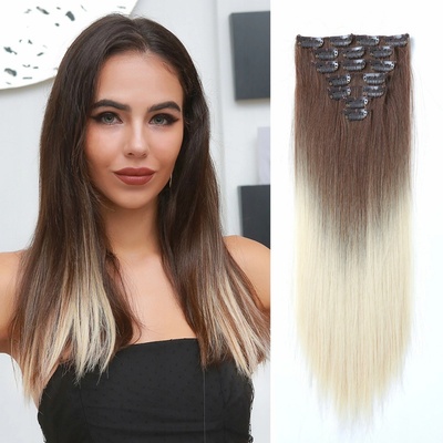 Vlasy clip in 7 pásů - světlá blond ombré vlasové příčesky rovné 40 cm