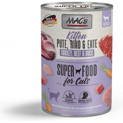MAC's Mac’s Kitten Turkey Beef and Duck - Премиум консервирана храна за подрастващи котенца с пуешко, телешко и патешко месо, 200 гр