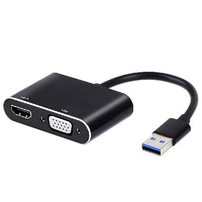 Преходник DeTech, USB 3.0 - HDMI+VGA, Сив - 17843 (17843)