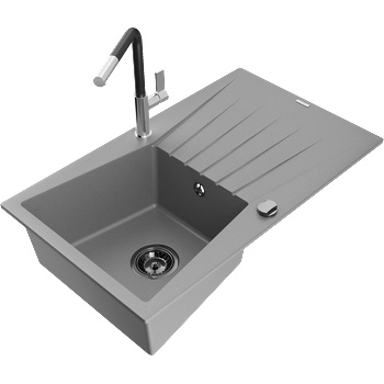 Mexen Cesar градинен мивка 1-камерна с отцедник и кухненски смесител Flora, сив - 6514-71-670401-07-B (6514-71-670401-07-B)