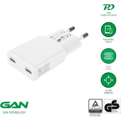 Захранване за ел. мрежа за мобилни устройства с 2xUSB-C изходи и с технология за бързо зареждане - 4smarts GaN PDPlug Slim Duos 2C Wall Charger 30W (бял) (541743)