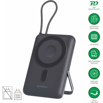 4smarts Power Bank Enterprise Pocket 10000 mAh 22.5W Qi2 - външна батерия с вграден USB-C кабел, USB-C порт и Qi2 безжично зареждане (тъмносив)