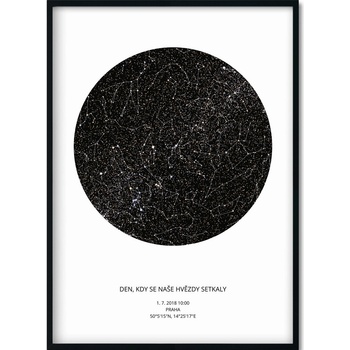 Hvězdná mapa vašeho životního okamžiku Rozměr plakátu: 50 x 70 cm, Barva pozadí: Bílá, Volba rámu: Černý dřevěný rám