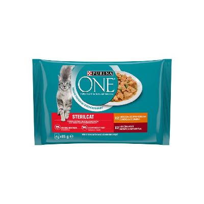 PURINA ONE Sterilcat mini filetky kura a fazuľky/hovädzie a mrkva 4x85g v šťave