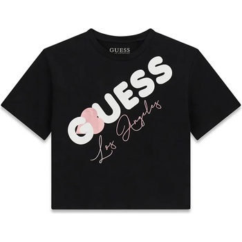 GUESS Черна къса тениска за момиче с бял надпис Guess и розово сърце