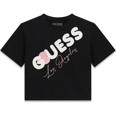 GUESS Черна къса тениска за момиче с бял надпис Guess и розово сърце