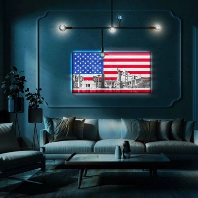 USA nástenný obraz s podsvietením - vlajka a pamiatky 90 x 60 cm